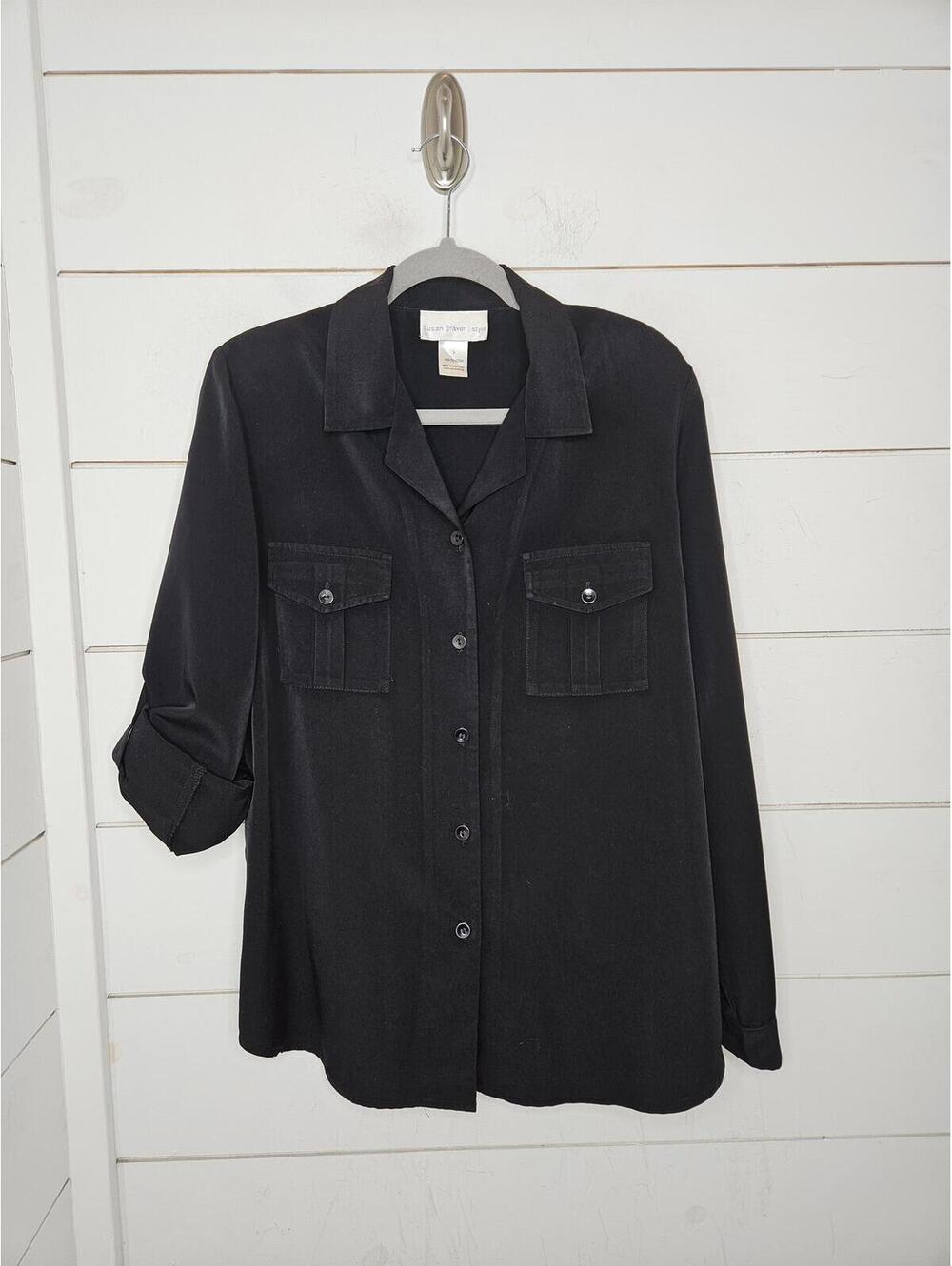 Susan Graver Style large black button up shirt. Classic!